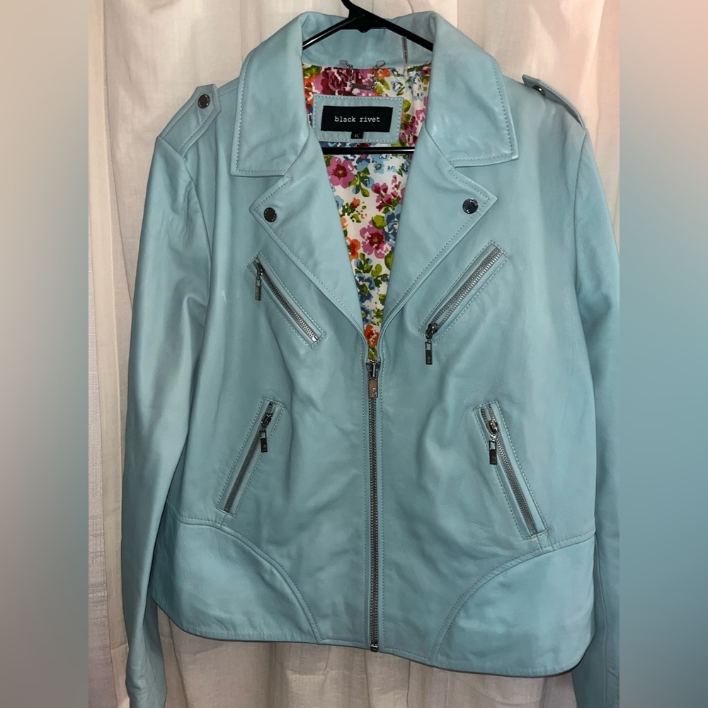 Blue Black Rivet Leather Jacket